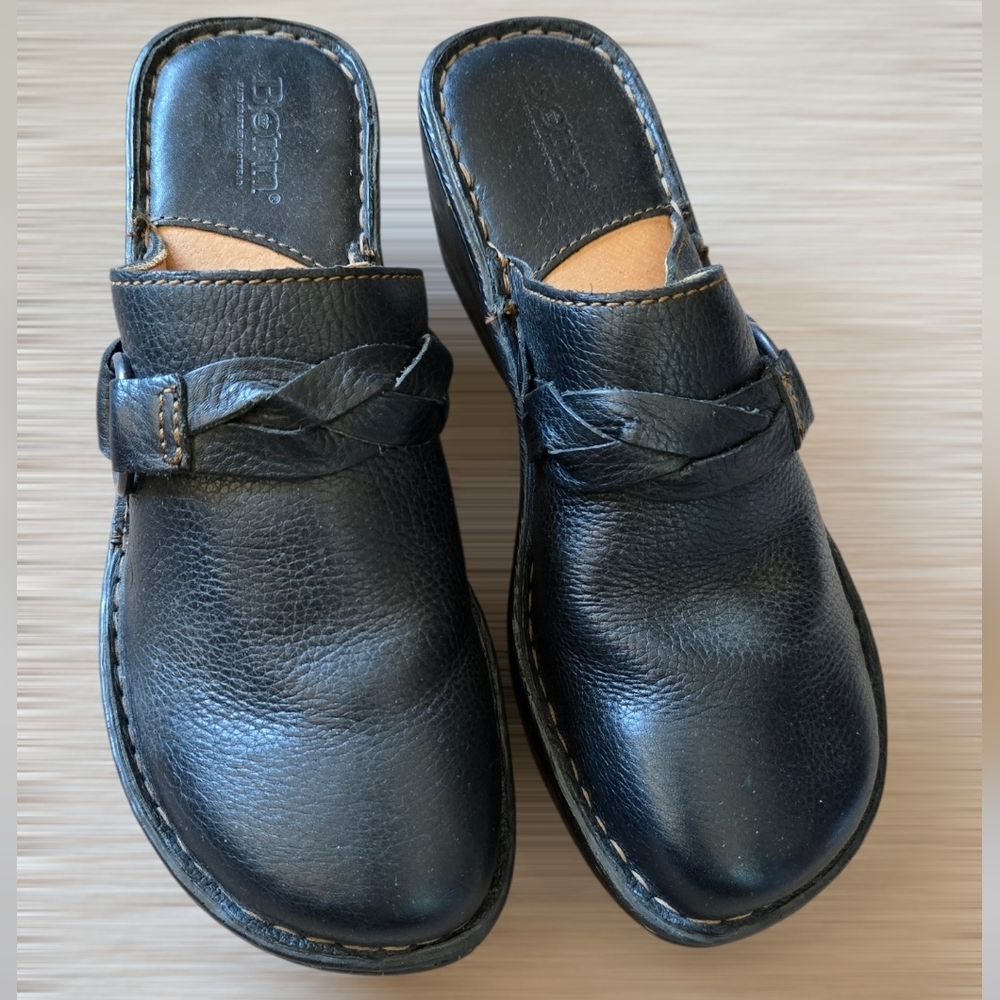 Born Shoes Black Leather Braided Mules Slip On Wedge Heels Size 8m - Picture 2 of 12